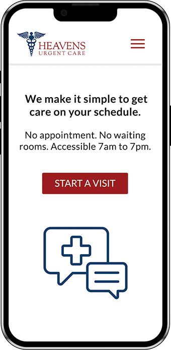 Image of a smart phone with virtual urgent care landing page depicted.