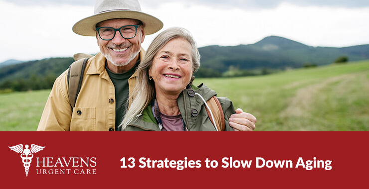 Older man and woman enjoying nature with the text "13 Strategies to Slow Down Aging"