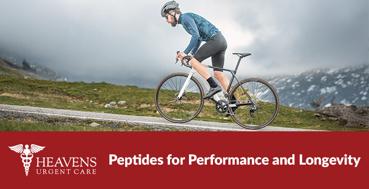 Man riding bike uphill with the text "Peptides for Performance and Longevity"
